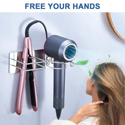 Hair Dryer and Straightener Holder Wall Mounted, Self Adhesive Blow Dryer and Flat Iron Storage Hair Tool Organizer for Bathroom Vanity (Silver) - color: Silver
