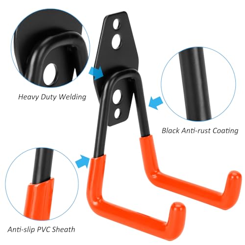 6 Pack Garage Hooks Heavy Duty - Supports 100 lbs, Utility Steel Garage Hanger & Organizer for Organizing Garden Lawn Tools, Ladders, Garden Hose, Digging Shovel, Bikes, Ropes (Orange) - size: 6 Pack
