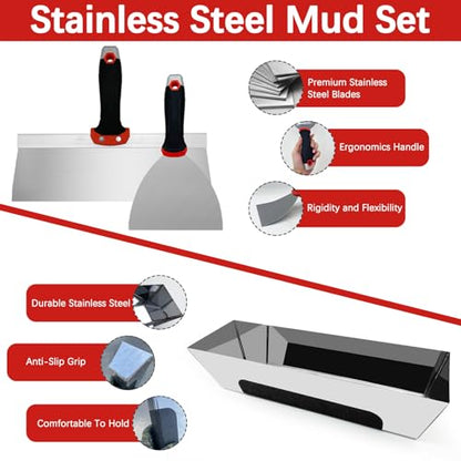 Drywall Hand Tool Set, Putty Knife Set with Mud Pan, Aluminum Hawk, Finishing Trowel, Painter Scraper, Inside & Outside Drywall Corner Trowel, Hand Tools for Scraping Wallpaper and Drywall - size: Drywall Knife Set, 11pcs