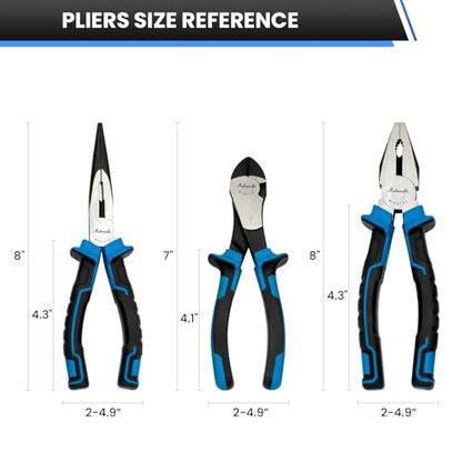 3 Pieces Plier Set, 8" Needle Nose Pliers, 8" Linesman Pliers and 7" Diagonal Cutting Pliers, Premium High Carbon Construction for Cutting, Plumbing, and General Applications Multi-use Tools - size: 3 Pcs