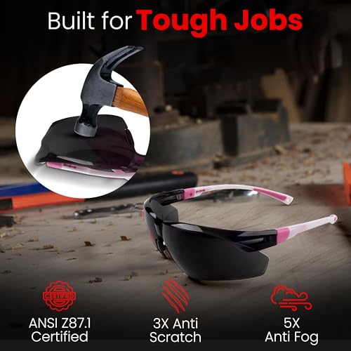 Safety Glasses – ANSI Z87 Certified, 5X Anti-Fog ClearShield™ Lenses with Premium Hard Case & Accessory Bundle - color: Pink & White / Tinted