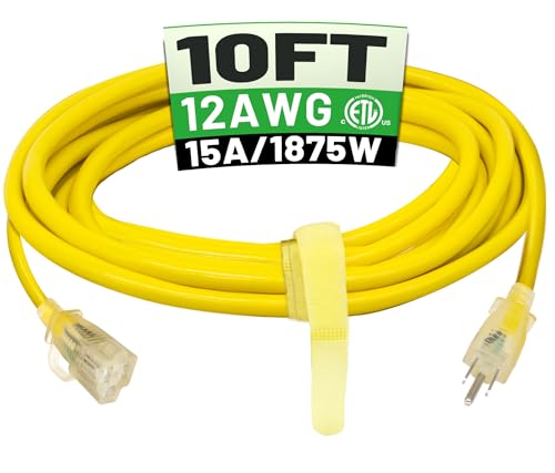 POWGRN 10 ft 12/3 Outdoor Extension Cord Waterproof Heavy Duty with Lighted Indicator End 12 Gauge 3 Prong, Flexible Cold-Resistant Long Power Cord Outside, 15Amp 1875W SJTW Yellow ETL Listed - color: Yellow, size: 10 FT