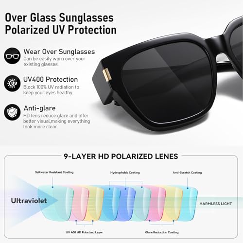 HAOLOTA Polarized Fit Over Glasses Sunglasses for Women Men Trendy Square Wrap Around Shades UV Protection - color: L Size 01 Black/Grey