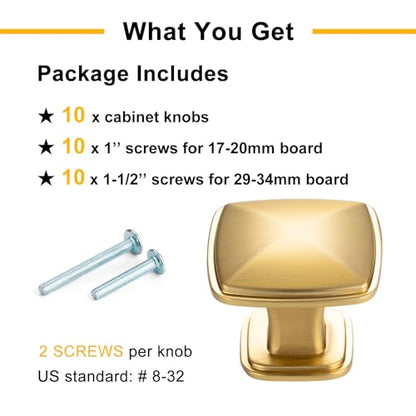 Brushed Gold Cabinet Knobs Gold Drawer Knobs, 10 Pack 1-1/4 Inch, 1990 Square Single Hole Cabinet Pulls for Kitchen Cabinets Drawers Bedroom Dresser Cupboard Bathroom Vanity - color: Brushed Gold, size: 1-1/4 Inches, style: 10 Pack Square Knob