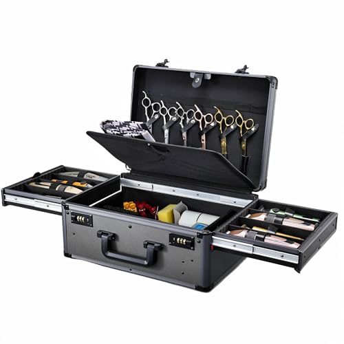 Yueieoun Barber Case with Clippers Sliding Tray, Profesional Barbers Briefcase Tool Case, Travel Barber Cases for Clippers and Supplies, Hair Scissors Trimmer Organizer, Salon Grooming Hard Suitcase - color: Gunmetal Grey