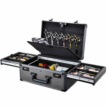 Yueieoun Barber Case with Clippers Sliding Tray, Profesional Barbers Briefcase Tool Case, Travel Barber Cases for Clippers and Supplies, Hair Scissors Trimmer Organizer, Salon Grooming Hard Suitcase - color: Gunmetal Grey