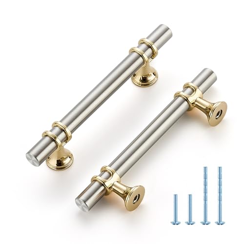 HOME EDIT Brushed Nickel and Brushed Brass Cabinet Handles, 3-3/4 Inch Hole Center Modern T-Bar Drawer Pulls, Decorative Hardware for Cabinets, Dressers, and Drawers, 10 Pack - color: Brushed Brass and Brushed Nickel, size: 3-3/4 Inch Hole Center