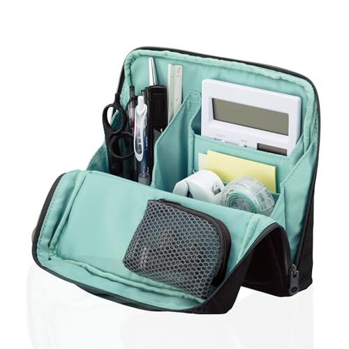 KOKUYO Pencil Case Pouch, Haco-Biz Standing Pen Pouch Bag, Foldable Stand up Pencil Holder Organizer, Large Capacity Portable Pencil Box for Office Supplies - color: Black x Green