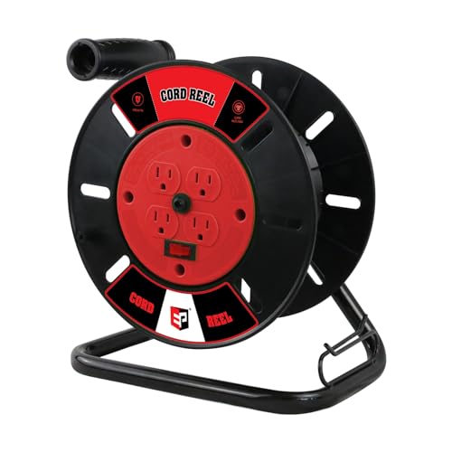 EP Extension Cord Storage Reel with 4-Grounded Outlets, Heavy Duty Open Cord Reel for 12/3 14/3 16/3 Power Cords, Portable Empty Hand Crank Electric Cord Roller Holder, Red - color: Red