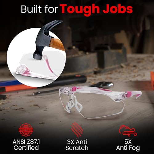Safety Glasses – ANSI Z87 Certified, 5X Anti-Fog ClearShield™ Lenses with Premium Hard Case & Accessory Bundle - color: Pink & White / Clear