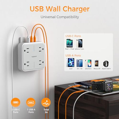 Multi Plug Outlet Extender, TESSAN 4 Outlet Splitter 3 USB Wall Charging Ports (2 USB C), Wide Spaced Multiple Expander Surge Protector for Office, Home, College Dorm Room - style: 2 USB C