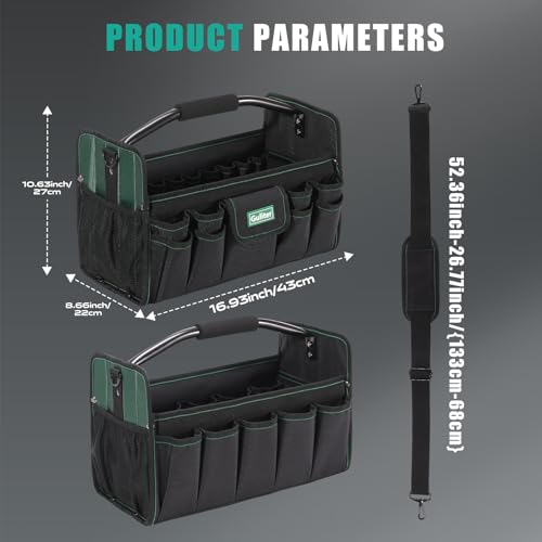 17 Inch Tool Bag,Electrician Tool Bags,Heavy Duty Open Top Tool Tote,31 Pocket Tool Box Organizer with Stainless Steel Handle & Adjustable Shoulder Strap, Black/Green
