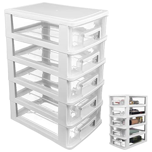 Cabilock 5-Drawer Plastic Storage Cabinet Clear Desktop Organizer Portable Office Storage Case for Craft Supplies and Stationery - color: White