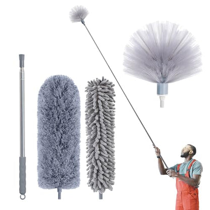 IVYROLL Cobweb Duster with Extension Pole, 100'' Microfiber & Chenille Ceiling Cleaner Kit, Reusable Feather Duster, Bendable, Washable - color: Set E: Spider Web Brush & Ceiling Duster & Chenille Duster