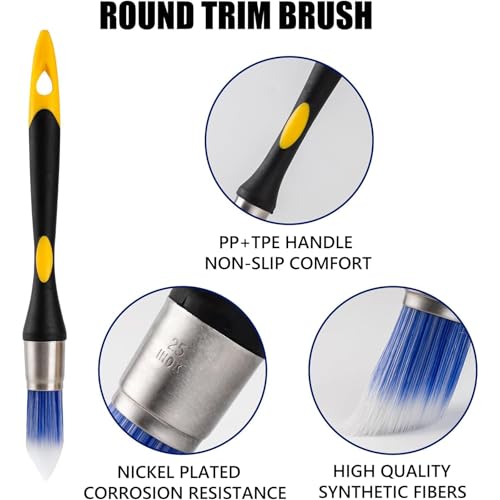 Trim Brush Set Paint Brush, 3 Pack Small Round Paint Brushes for Walls, Touch Up, Trim Brushes for Painting, Ergonomic Handles, Painting Tool for Edges, Corners & Detail Wor