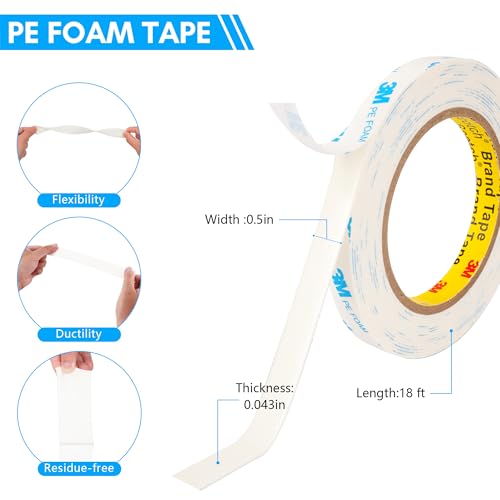 3M 1600T Double Sided Tape, PE Foam Tape 0.5" x 18 Ft White Removable Strong Adhesive No Residue for RV Picture Hanging, Posters Frames Wall Decor Indoor & Outdoor Use - size: 0.5" x 18Ft