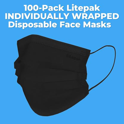 100pcs Premium Individually Wrapped Disposable Face Mask Black Premium Comfort Earloops Nose Wire - color: Black