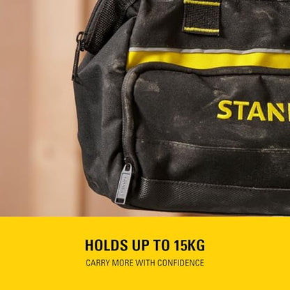 STANLEY Tool Bag 30 x 25 x 13 cm in Resistant 600 x 600 Denier with 8 Interior 2 Exterior Pockets and Reinfored Base 1-93-330, Black, 12"