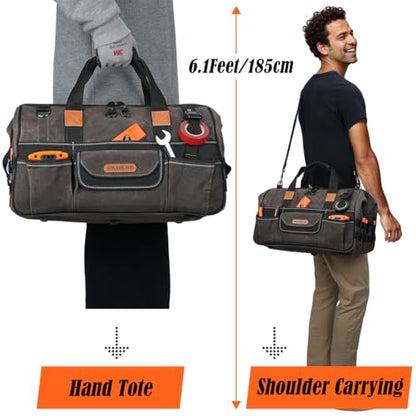 WELKINLAND 18 Inch Waxed Canvas Tool Bag, Heavy-Duty Electrical Tool Bag, Large-Opening 28-Pocket Tools Bag, 36L Tool Bags For Men, Quick-Access HVAC Tools Bags
