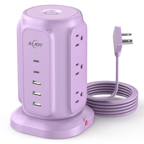 USB C Power Strip Tower, AiJoy 9 AC Outlets and 5 USB Ports Power Tower, 1200J Surge Protection, 1625W Flat Plug Extension Cord Charging Station for Home, Office Supplies, Dorm Essentials - color: Purple