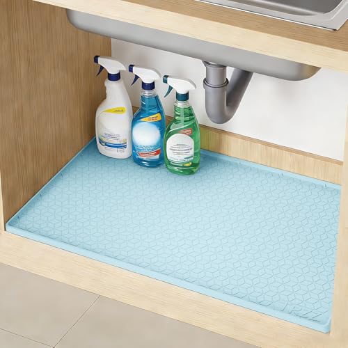 TRZZ Silicone Waterproof Under Sink Mat 34" x 22", Drip Tray and Cabinet Liner for Kitchen and Bathroom, Prevents Water Damage and Organizes Cabinets (Light Blue) - color: Light Blue, size: 22"W x 34"L