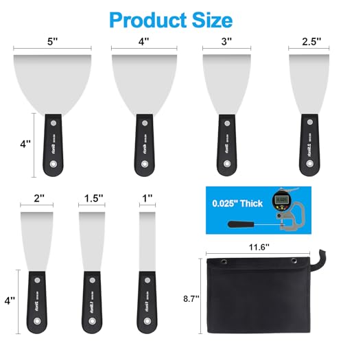 weiwei 7 PCS Metal Putty Knife Set Multi-sized Spackle Knife with Storage Bag Rustproof Putty Scraper Knives Drywall Tools for Wall Repair Wall Paint Spreading Drywall Spackle and Mud for Craftsman