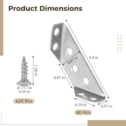 60 Pcs Stainless Steel Angle Corner Brackets, Universal Stainless Steel Furniture Corner Connector, 90 Degree Corner Braces for Wood, with 420 Screws, 2.4 in Long Side