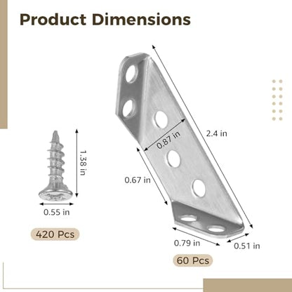 60 Pcs Stainless Steel Angle Corner Brackets, Universal Stainless Steel Furniture Corner Connector, 90 Degree Corner Braces for Wood, with 420 Screws, 2.4 in Long Side