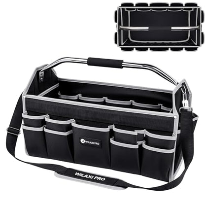 20in Tool Bags For Men Heavy Duty, 22 PCS Pockets Tool Bag Organizer Foldable Open Top Tool Bag With Handle, Wide Mouth Electrician Tool Tote, Grey - size: 20INCH