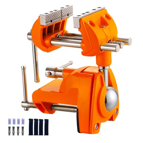 Bench Vise, 360° Swiveling Articulating Vise, Clamp-On Vise for Workbench, Cast Steel Table Clamp Vise, Pipe Vise, Bench Vice for Woodworking, DIY, Drilling, Sawing, Metal Working, Orange - color: Orange