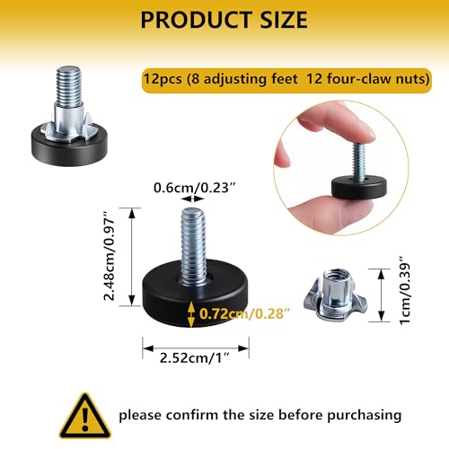 12 Pack 1/4"-20 UNC Furniture Leveling Feet, Adjustable Heavy Duty Leg Levelers for Tables, Chairs, Cabinets & Shelving Units - Screw-in Glides Replacement for Uneven Floors - size: 12x1/4"-with Nuts
