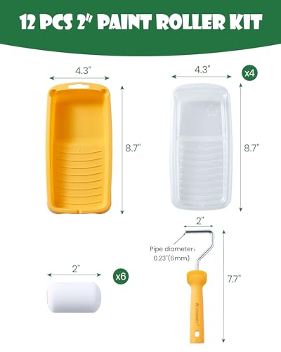 Voomey Foam Paint Roller, 2 Inch Mini Paint Roller Kit 12 Pack, Small Paint Rollers with Tray and Roller Frame for Touch Up Painting Wall, Door, Cabinet - size: 2 Inch Mini Paint Roller Kit 12 Pack