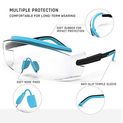 Anti Fog Safety Glasses Safety Goggles Over Glasses Protective Glasses with Anti Scratch Lenses Adjustable - color: Sky Blue