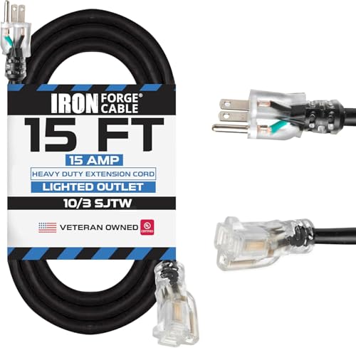 Iron Forge Cable 15 ft Lighted Outdoor Extension Cord - 10 Gauge Heavy Duty Extension Cord Black 15 Amp with 3 Prong Grounded Plug, Weatherproof Power Cable for Outside - color: Black, size: 15 Foot