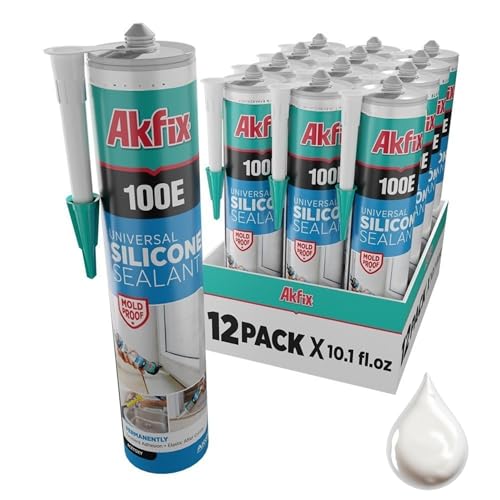Akfix 100E RTV White Silicone Caulk (12x10.1 fl.oz.) - 100% Waterproof Silicone Sealant for Kitchen and Bathroom, Shower, Toilet, Sink, Window and Door, No Yellowing | White, 12 Pack - color: White, size: 12 Pack