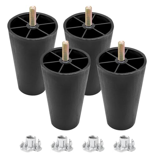 Luomorgo 4 Pcs 4 Inch Plastic Table Legs, Black Tapered Furniture Legs, Round Sofa Replacement Legs M8 Threaded with T-Nuts, Heavy Duty Furniture Legs for Couch, Cabinets, Dressers, Chair - color: Round Tapered, size: 4 Inch
