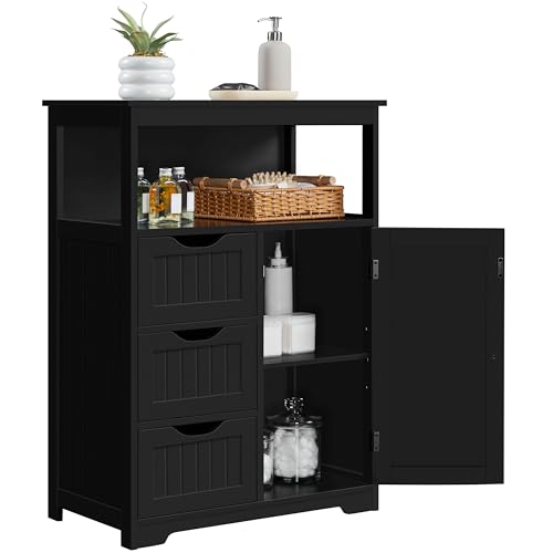 Yaheetech Bathroom Storage Cabinet Bathroom Floor Cabinet Freestanding Organizer and Storage with Door, 3 Drawers, Adjustable Shelf, 35.5 Inches Height, Black Cabinet - color: Black, size: 14"D x 26"W x 35.5"H