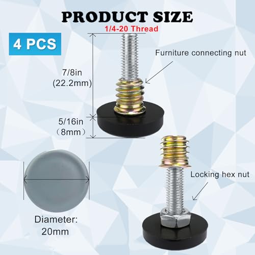 1/4" Thread Leveling Feet PTFE(Teflon) Bottom(20mm Base), Adjustable Furniture Feet Threaded Screw in Furniture Glide Leveler for Carpet and Hardwood Surface (20mm Base 1/4-20x1-4 Pack) - size: 20mm Base 1/4-20x1"-4 Pack