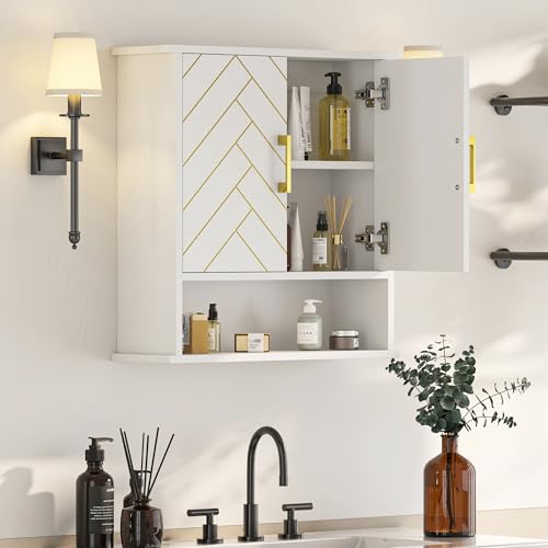 White Chevron Pattern Bathroom Wall Mount Cabinet, Stylish Hanging Medicine Cabinet with Open Shelf, Over The Toilet Storage for Bathroom Kitchen (23 5/8" x 22 7/8" x 7 1/8") - style: Chevron Pattern-White