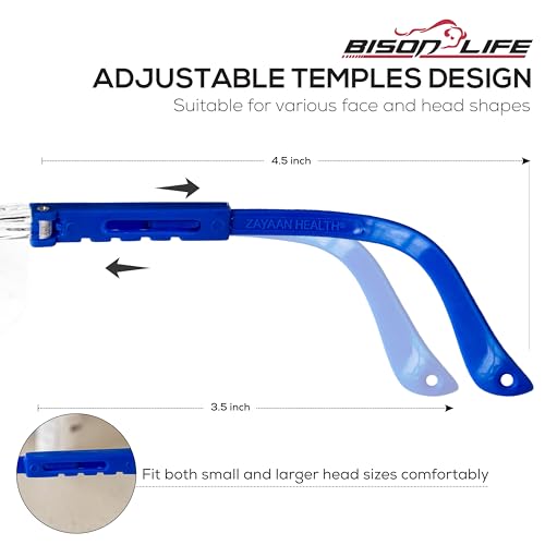 BISON LIFE Anti Fog Clear Safety Glasses with Adjustable Temple & Side Protection, Wraparound Anti-Scratch Lens, Clear Lens & Blue Temple, Lab Goggles, Mowing, Gardening & More (Pack of 3) - color: Clear/Blue