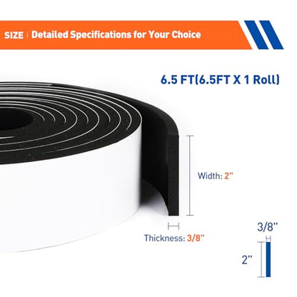 MAGZO Weather Stripping Door Seal, 2 Inch Wide X 3/8 Inch Thick Adhesive Foam Tape Soundproof Weatherstripping for Windows, 1 Roll Total 6.5FT Black - size: 2in * 3/8in * 6.5FT