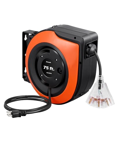 DEWENWILS Retractable Extension Cord Reel, 75 FT Heavy Duty Power Cord, 14/3C SJTOW, Lighted Triple Tap Outlets, 10A Circuit Breaker, Wall/Ceiling Mounted for Garage, Workshop, UL Listed - color: Orange