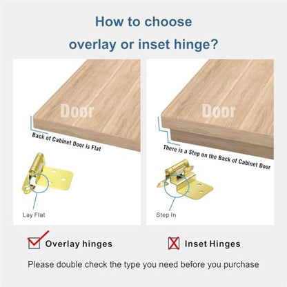 Gold Cabinet Door Hinges 1/2 Inch Overlay (Variable),50 Pack 25 Pairs Flush Face Mount Cupboard Self-Closing Kitchen Cabinet Hinges with Brass Screws - color: Gold, size: 50 PCS(25 Pairs)