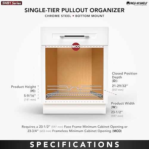 Rev-A-Shelf Kitchen Cabinet Pullout Shelf and Drawer Organizer Slide Out Pantry Storage Basket in Multiple Sizes, 24 x 22 In, 5WB1-2422CR-1 - size: 24" W X 22"d, style: Single Tier