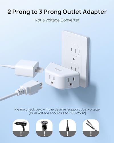 TROND 2 Prong to 3 Prong Outlet Adapter, 3-Way Angled Plug Extender with 3 AC Sockets, Wall Splitter for Non-Grounded Outlets in Old House, Cruise Essentials, White - color: White, size: 3AC-2 Prong Plug, 1 Pack