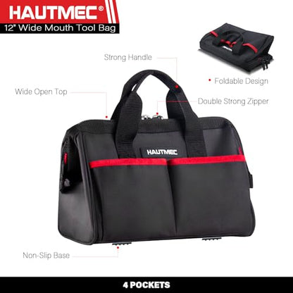 HAUTMEC 3-Piece Rolling Tool Bag Set, 18" Wheeled Tool Bag, 15" Open Top Tool Tote & 12" Wide Mouth Small Bag, Heavy-Duty 1680D Water-Resistant Tool Storage with Off-Road Wheel & Telescoping Handle - style: 3-Pcs Set | Red