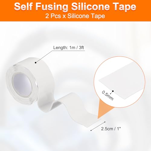 uxcell 2 Pcs Self Fusing Silicone Tape, 1" x 3ft Waterproof Water Leak Sealing Tape for Plumbing Pipe Hose Repair Handles, White (0.5mm Thick) - color: White
