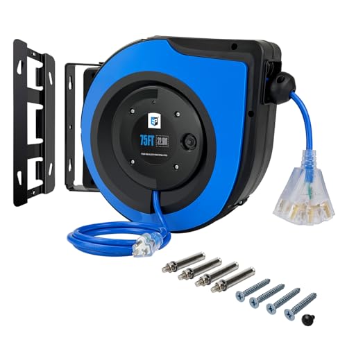 EP Retractable Extension Cord Reel,75 Feet 14 AWG/3C SJTOW Heavy Duty Power Cord,10 AMP Circuit Breaker, 3-Lighted Triple Outlets,Ceiling or Wall Mount Use Indoor, Blue - color: Blue