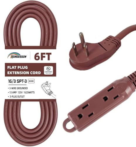 3-Outlets Flat Plug Indoor Extension Cord Outlet Extender, UL Certified, 16 Gauge 6FT Brown 3 Prong Heavy Duty, 16/3 SJTW 13A Power Strip - color: Brown, size: 6FT, style: 16/3