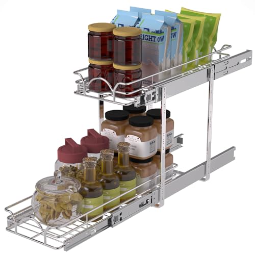 OCG 2 Tier Pull Out Cabinet Organizer (9.5" W x 21" D), Pull Out Drawers for Kitchen Cabinets, Pull Out Shelves for Base Cabinet Organization in Kitchen Bathroom Pantry, Chrome Finish - size: 9.5"W x 21"D, 2 Tier